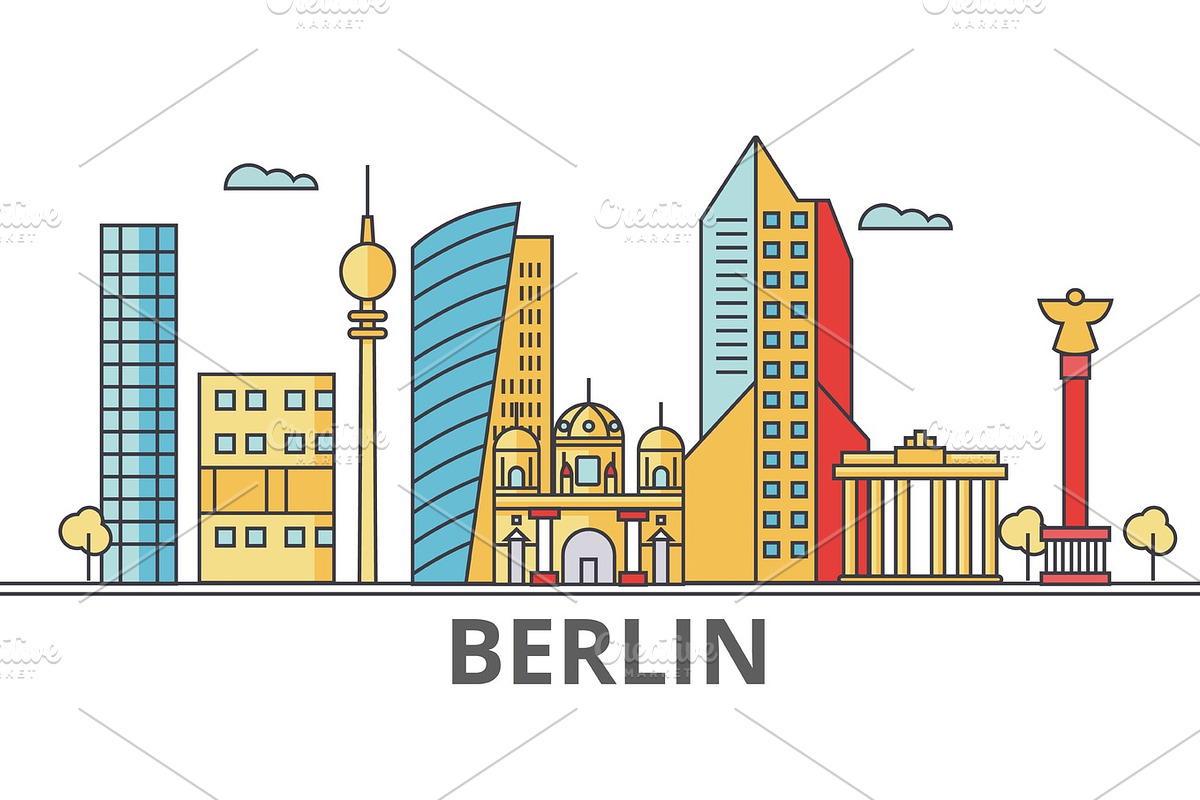 Berlin city skyline. Buildings, streets, silhouette, architecture, landscape, panorama, landmarks. Editable strokes. Flat design line vector illustration concept. Isolated icons on white background in Illustrations - product preview 8
