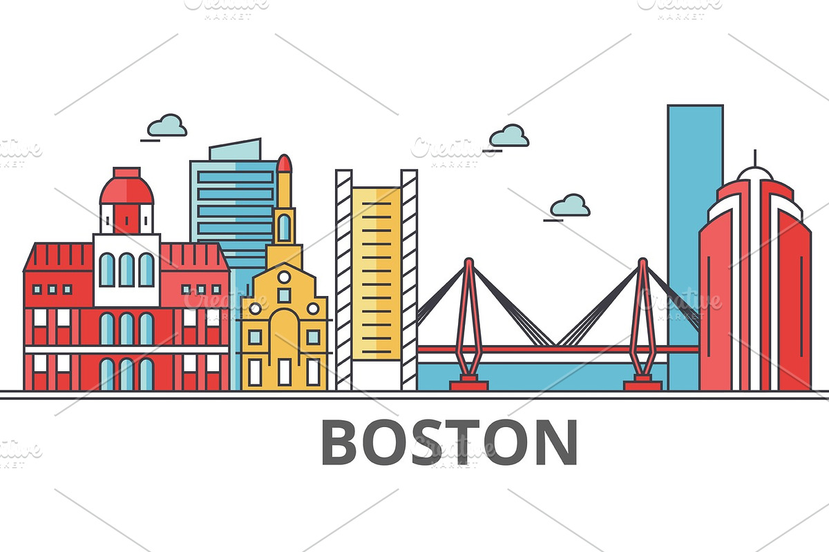 Boston city skyline. Buildings, streets, silhouette, architecture, landscape, panorama, landmarks. Editable strokes. Flat design line vector illustration concept. Isolated icons on white background in Illustrations - product preview 8
