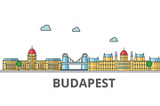 Budapest city skyline. Buildings, streets, silhouette, architecture, landscape, panorama, landmarks. Editable strokes. Flat design line vector illustration concept. Isolated icons on white background