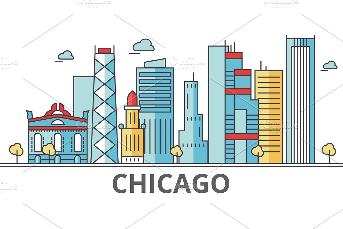 Chicago city skyline. Buildings, streets, silhouette, architecture, landscape, panorama, landmarks. Editable strokes. Flat design line vector illustration concept. Isolated icons on white background in Illustrations - product preview 8