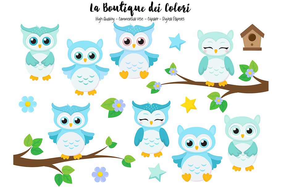 Cute Blue Baby Owls Clipart