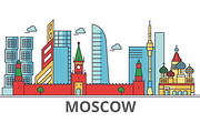 Moscow city skyline: buildings, streets, silhouette, architecture, landscape, panorama, landmarks. Editable strokes. Flat design line vector illustration concept. Isolated icons on white background