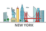New York city skyline: buildings, streets, silhouette, architecture, landscape, panorama, landmarks. Editable strokes. Flat design line vector illustration concept. Isolated icons on white background
