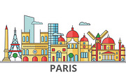 Paris city skyline: buildings, streets, silhouette, architecture, landscape, panorama, landmarks. Editable strokes. Flat design line vector illustration concept. Isolated icons on white background
