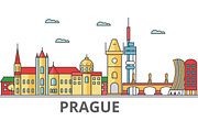 Prague city skyline: buildings, streets, silhouette, architecture, landscape, panorama, landmarks. Editable strokes. Flat design line vector illustration concept. Isolated icons on white background