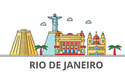 Rio De Janeiro city skyline: buildings, streets, silhouette, architecture, landscape, panorama, landmarks. Editable strokes. Flat design line vector illustration concept. Isolated icons on background