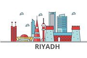 Riyadh city skyline: buildings, streets, silhouette, architecture, landscape, panorama, landmarks. Editable strokes. Flat design line vector illustration concept. Isolated icons on white background