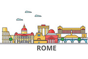 Rome city skyline: buildings, streets, silhouette, architecture, landscape, panorama, landmarks. Editable strokes. Flat design line vector illustration concept. Isolated icons on white background