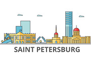 Saint Petersburg city skyline: buildings, streets, silhouette, architecture, landscape, panorama, landmarks. Editable strokes. Flat design line vector illustration concept. Isolated icons