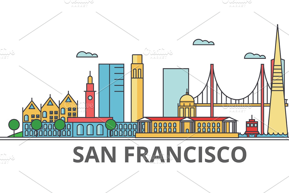 San Francisco city skyline: buildings, streets, silhouette, architecture, landscape, panorama, landmarks. Editable strokes. Flat design line vector illustration concept. Isolated icons on background in Illustrations - product preview 8