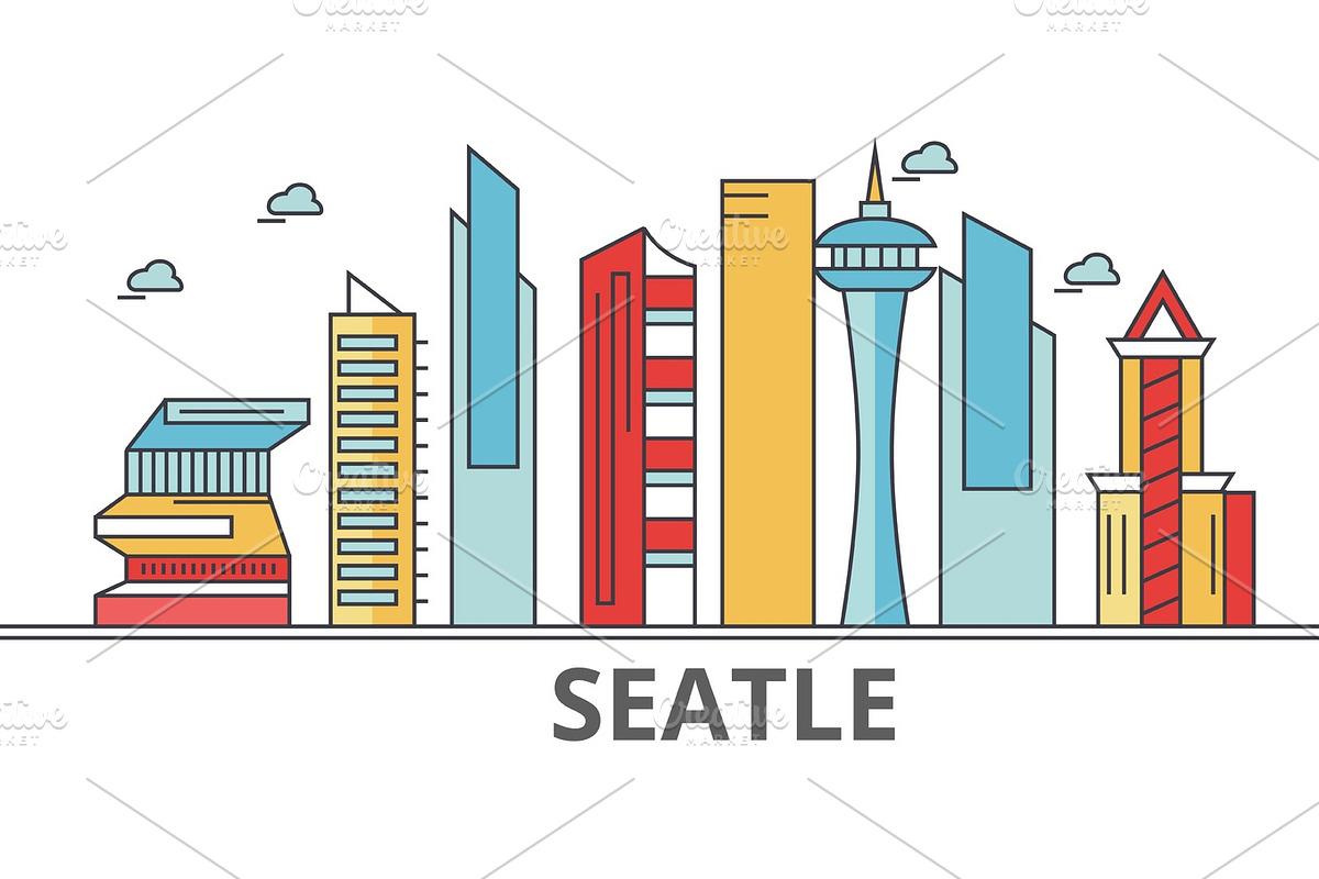 Seattle city skyline: buildings, streets, silhouette, architecture, landscape, panorama, landmarks. Editable strokes. Flat design line vector illustration concept. Isolated icons on white background in Illustrations - product preview 8
