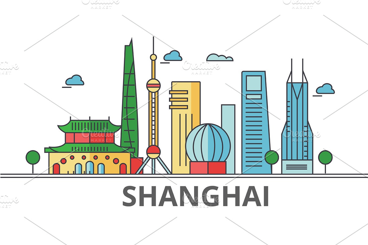 Shanghai city skyline: buildings, streets, silhouette, architecture, landscape, panorama, landmarks. Editable strokes. Flat design line vector illustration concept. Isolated icons on white background in Graphics - product preview 8