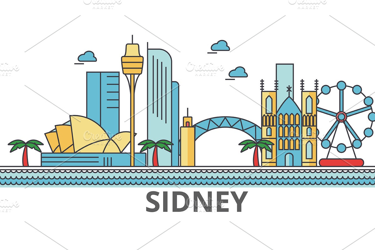 Sidney city skyline: buildings, streets, silhouette, architecture, landscape, panorama, landmarks. Editable strokes. Flat design line vector illustration concept. Isolated icons on white background in Icons - product preview 8