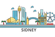 Sidney city skyline: buildings, streets, silhouette, architecture, landscape, panorama, landmarks. Editable strokes. Flat design line vector illustration concept. Isolated icons on white background