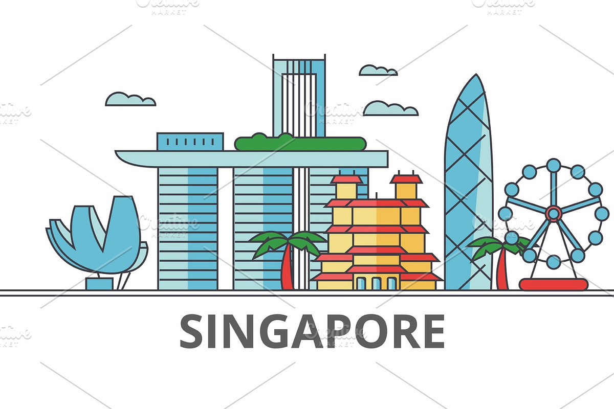Singapore city skyline: buildings, streets, silhouette, architecture, landscape, panorama, landmarks. Editable strokes. Flat design line vector illustration concept. Isolated icons on white background in Graphics - product preview 8
