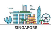 Singapore city skyline: buildings, streets, silhouette, architecture, landscape, panorama, landmarks. Editable strokes. Flat design line vector illustration concept. Isolated icons on white background