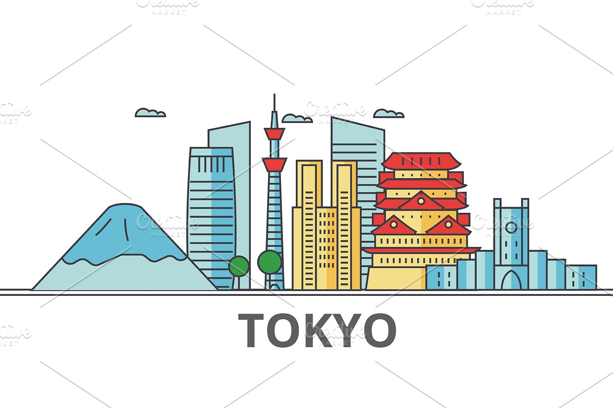 Tokyo Japan city skyline: buildings, streets, silhouette, architecture, landscape, panorama, landmarks. Editable strokes. Flat design line vector illustration concept. Isolated icons on background in Graphics - product preview 8