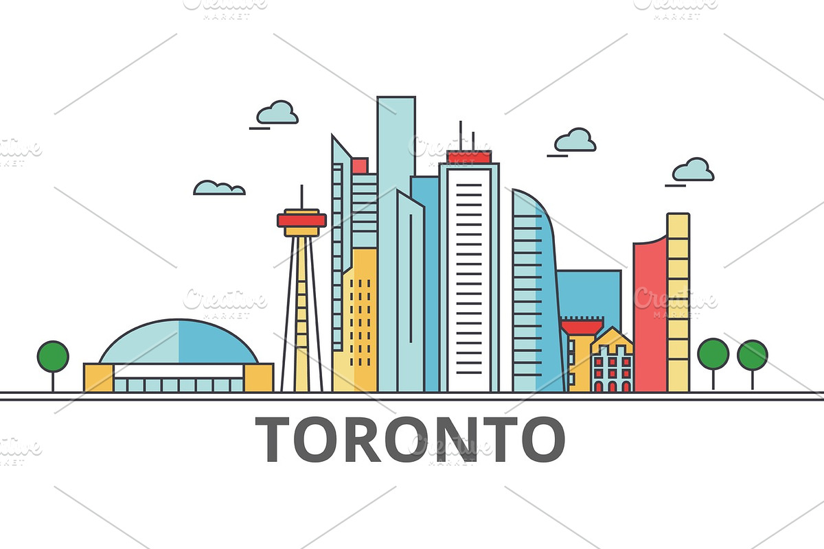 Toronto city skyline: buildings, streets, silhouette, architecture, landscape, panorama, landmarks. Editable strokes. Flat design line vector illustration concept. Isolated icons on white background in Graphics - product preview 8