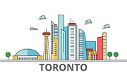 Toronto city skyline: buildings, streets, silhouette, architecture, landscape, panorama, landmarks. Editable strokes. Flat design line vector illustration concept. Isolated icons on white background