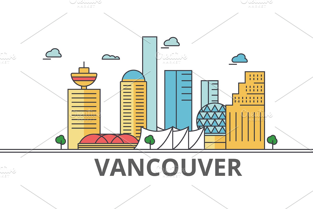 Vancouver city skyline: buildings, streets, silhouette, architecture, landscape, panorama, landmarks. Editable strokes. Flat design line vector illustration concept. Isolated icons on white background in Graphics - product preview 8