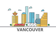 Vancouver city skyline: buildings, streets, silhouette, architecture, landscape, panorama, landmarks. Editable strokes. Flat design line vector illustration concept. Isolated icons on white background