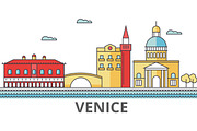Venice city skyline: buildings, streets, silhouette, architecture, landscape, panorama, landmarks. Editable strokes. Flat design line vector illustration concept. Isolated icons on white background