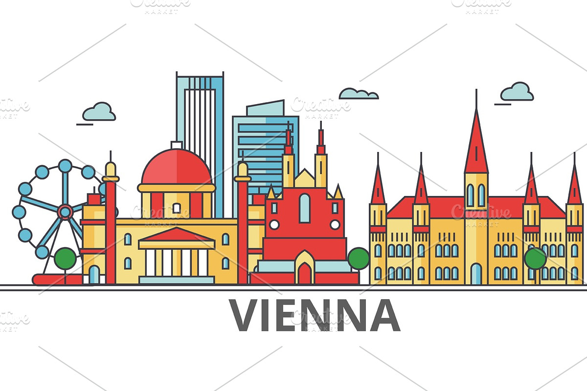 Vienna city skyline: buildings, streets, silhouette, architecture, landscape, panorama, landmarks. Editable strokes. Flat design line vector illustration concept. Isolated icons on white background in Graphics - product preview 8