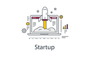 Business Startup illustration. Rocket and laptop. Line vector icon.