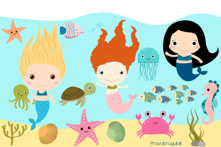 Mermaids and sea creatures clipart 