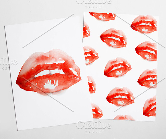 Red Glossy Girl Lips in Watercolor  in Illustrations - product preview 4