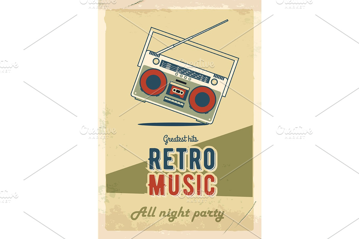 Retro party poster design. Music event at night club. Vintage invitation template. Grunge effects. Old cassette tape recorder. in Textures - product preview 8