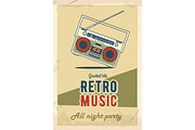 Retro party poster design. Music event at night club. Vintage invitation template. Grunge effects. Old cassette tape recorder.