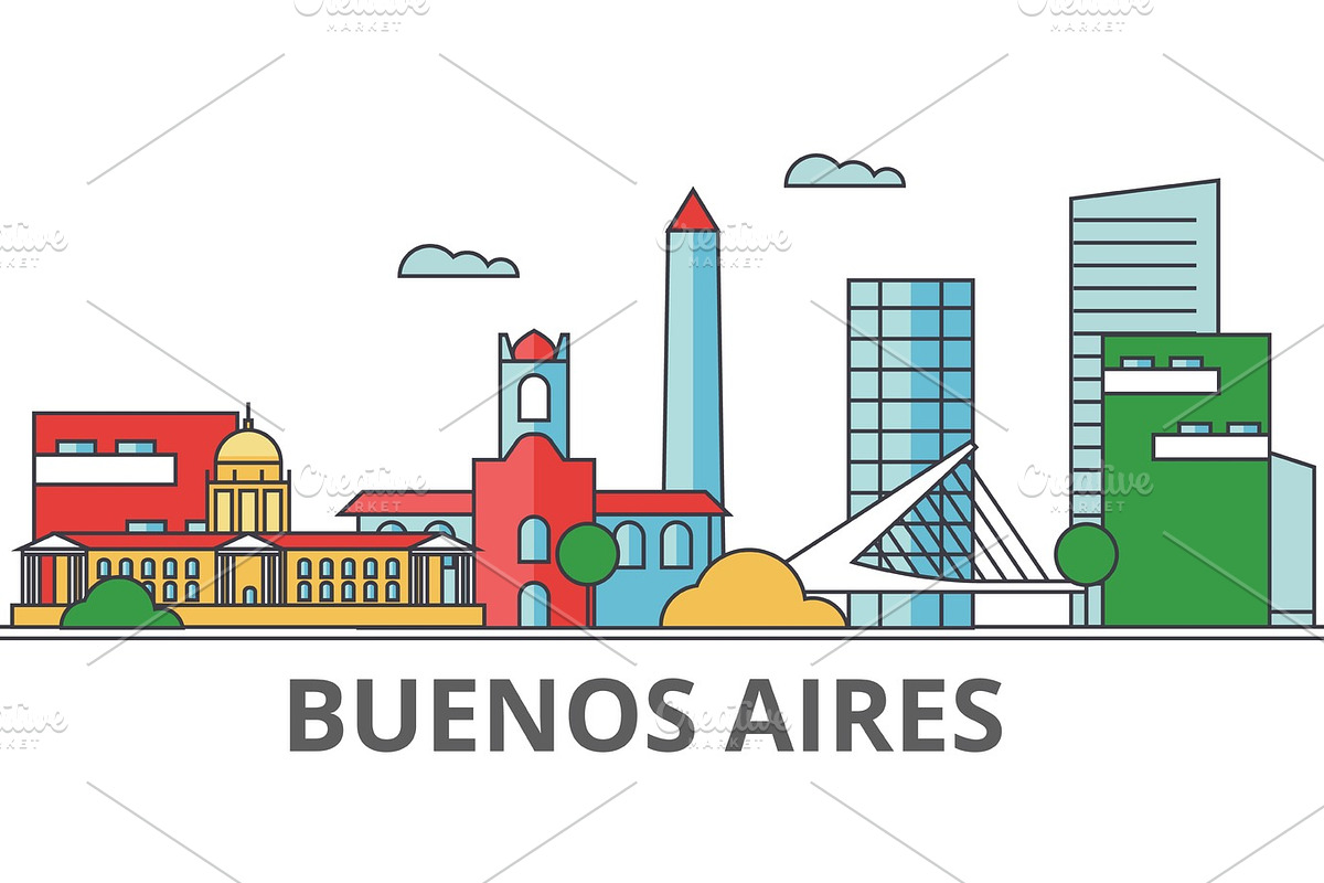 Buenos Aeros city skyline: buildings, streets, silhouette, architecture, landscape, panorama, landmarks. Editable strokes. Flat design line vector illustration concept. Isolated icons on background in Graphics - product preview 8