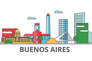 Buenos Aeros city skyline: buildings, streets, silhouette, architecture, landscape, panorama, landmarks. Editable strokes. Flat design line vector illustration concept. Isolated icons on background