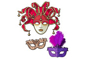 Set of three decorated Venetian carnival masks with feathers and bells