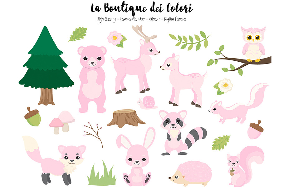 Pink Woodland Animal Clipart