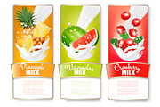 Labels of of fruit in milk splashes