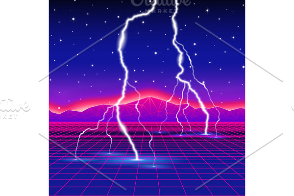 Neon new retro wave computer landscape with lightning