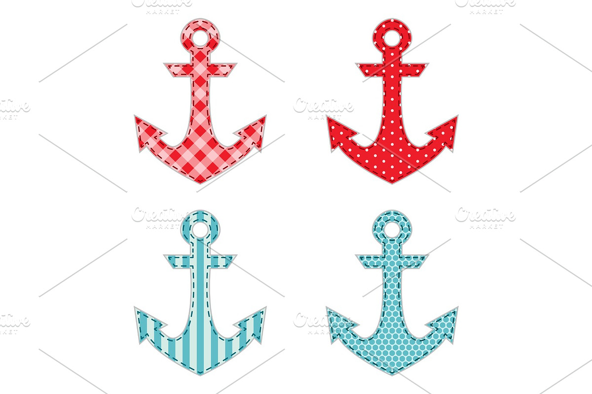 Set of four anchors as retro fabric applique as baby shower elements in Illustrations - product preview 8