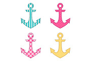 Set of four anchors as retro fabric applique as baby shower elements