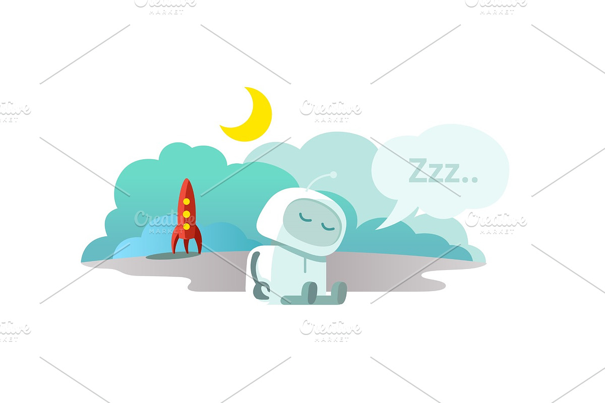 Alien The robot has arrived on rocket and is sleeping. Sleep mode Hibernation sitting. Mtaphor - closed. in Illustrations - product preview 8