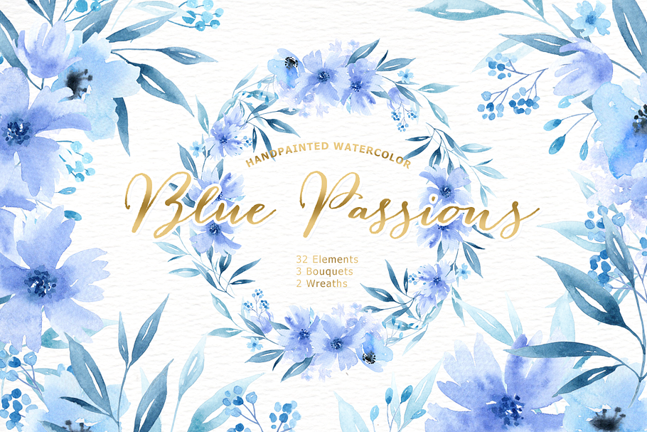 Blue Passions Watercolor clipart in Illustrations - product preview 8