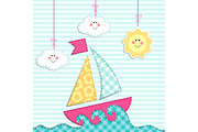 Cute retro card with ship, sea, clouds and sun as fabric applique