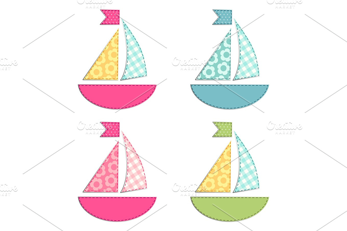Set of four ships as retro fabric applique as baby shower elements in Illustrations - product preview 8