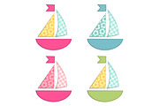 Set of four ships as retro fabric applique as baby shower elements