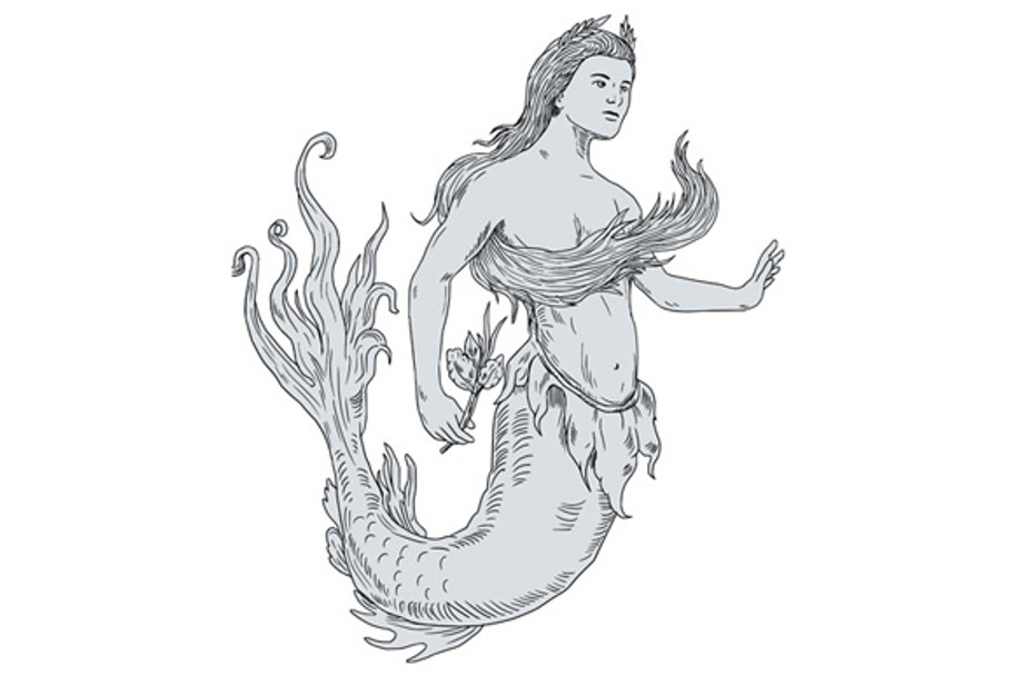 Vintage Mermaid Holding Flower  in Illustrations - product preview 8