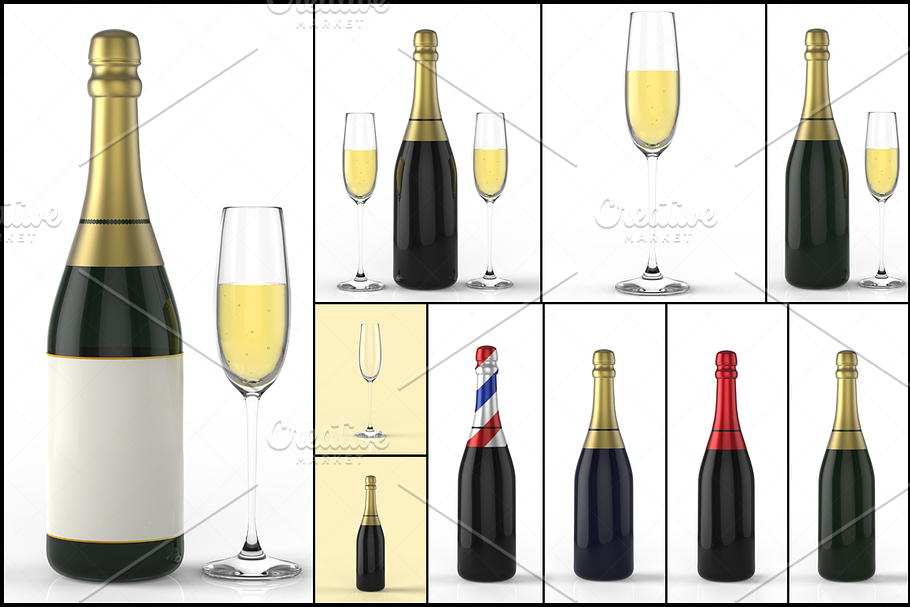 Champagne Bottle and glass 3D