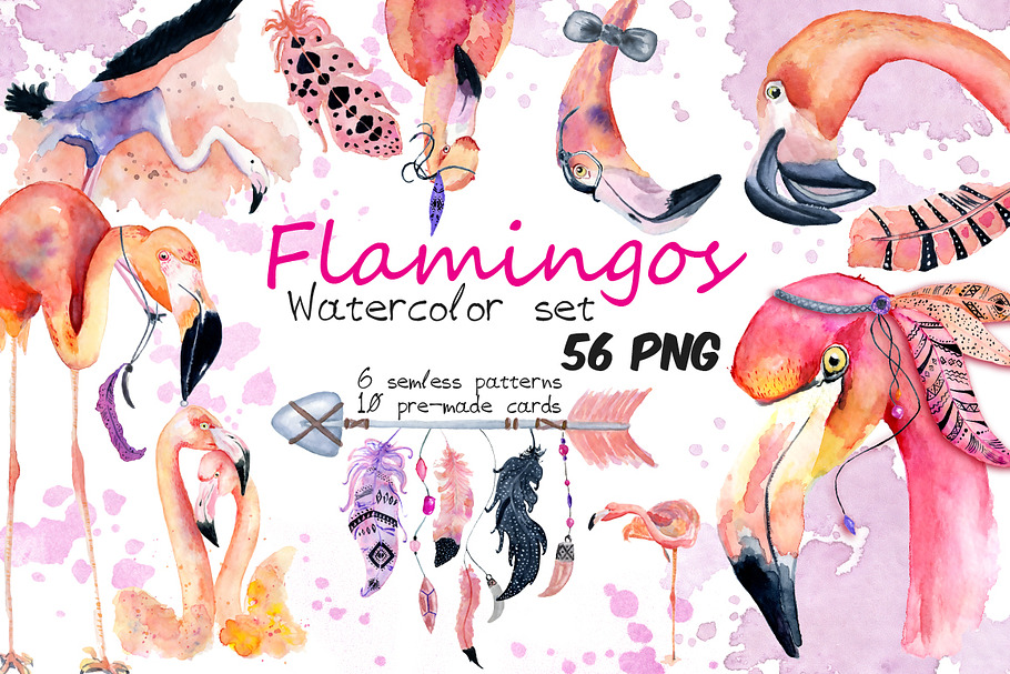 Boho flamingo Watercolor set in Illustrations - product preview 8