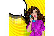 Pop art cartoon woman talk hold hand retro phone
