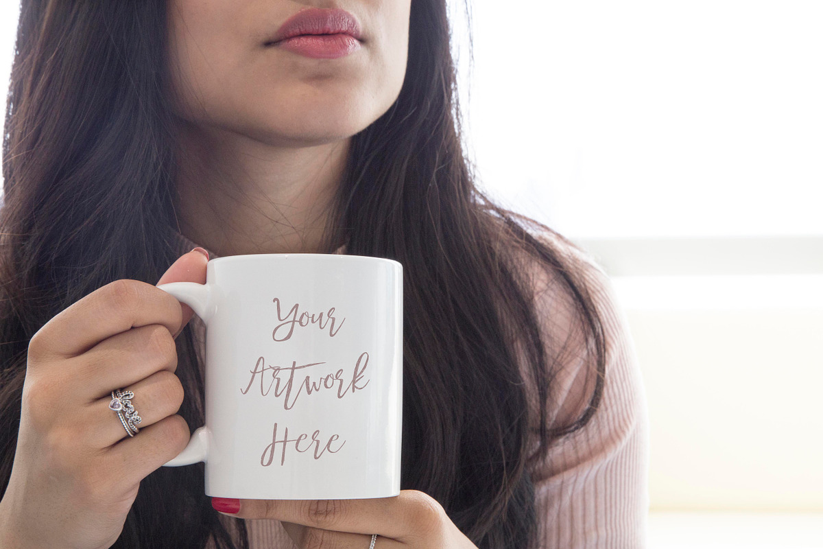 Woman holding blank mug mockup in Product Mockups - product preview 8